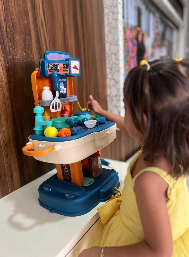 PN AVAN Kitchen Set for Kids 34 Pcs Simulation Portable Kitchen Set for Girls with Realistic Kitchen Suitcase for Kids for 3 Year Old Girls (School Bag Kitchen Set) (Blue) - Image 5